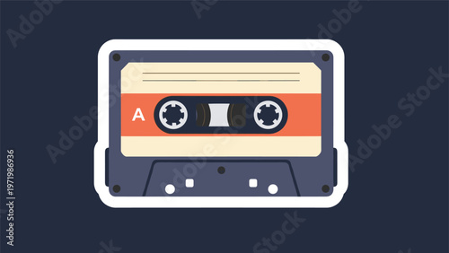 Vintage style sticker illustration of a classic audio cassette tape with orange and cream labels for music lovers and retro collectors.