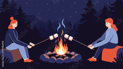 Two friends enjoying a peaceful camping trip roasting marshmallows over a warm campfire in a tranquil pine forest under a starry night sky.