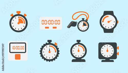 Chronometer and Stopwatch Timer Icons Set for Sports and Business Efficiency, Countdown Clock and Digital Time Management Measuring Vector Symbols