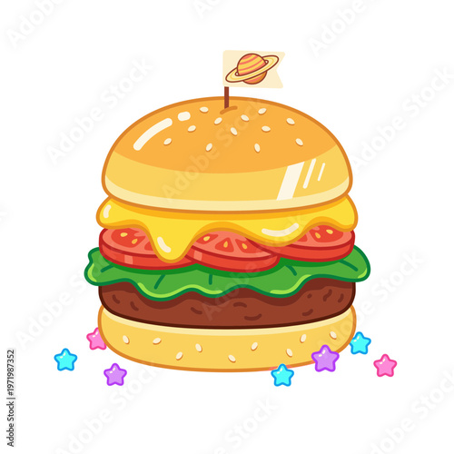 Delicious Giant Burger with Cheese, Tomato and Lettuce Vector Illustration, Fast Food Concept with Planet Flag and Star Decorations on White Background