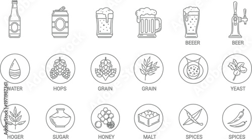 Black and white vector icons set representing beer and brewing ingredients