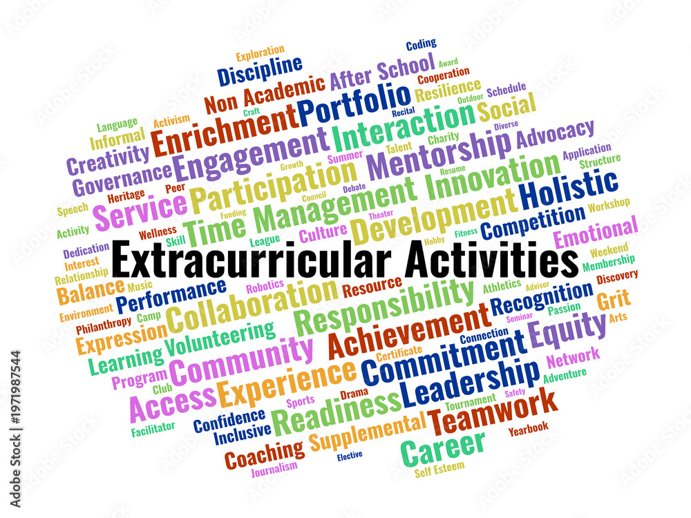 Fototapeta premium Extracurricular Word Cloud. A Visual Summary Of Non-Academic Enrichment, Leadership Development, And Community Engagement Activities Essential For Student Growth And Career Readiness.