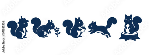 Cute Squirrel Silhouette Collection in Various Poses, Holding Acorn, Running and Standing on Tree Stump, Forest Wildlife Animal Vector Illustration