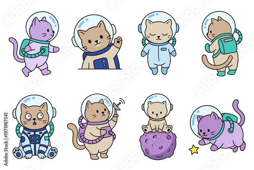 Cute Cat Astronaut Characters Set in Outer Space, Vector Illustration of Funny Kittens Wearing Space Suits and Helmets, Galaxy Exploration Theme