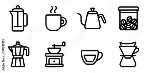 Coffee Brewing Methods and Equipment Line Icons Set, Vector Symbols of Moka Pot, French Press, Grinder, Pour Over, Kettle and Roasted Beans for Cafe