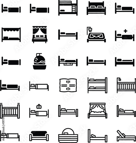 Collection of bed icons, including single beds, bunk beds, cribs, and canopy beds, medical bed, hospital bed