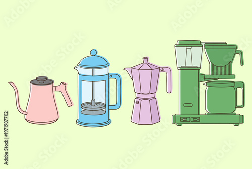 Coffee Brewing Equipment Set, Pour Over Kettle, French Press, Moka Pot and Electric Drip Coffee Maker, Kitchenware Vector Illustration for Cafe Design