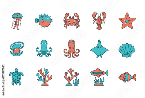 Marine Life and Sea Creatures Icon Set, Jellyfish, Crab, Lobster, Starfish, Octopus, Turtle and Coral, Underwater World Vector Illustrations for Kids