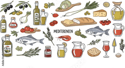 Mediterranean Cuisine Collection with Olive Oil, Fish, Bread, Vegetables and Seafood, Hand Drawn Food Illustration Set for Healthy Diet, Cooking, and Restaurant Menu Design