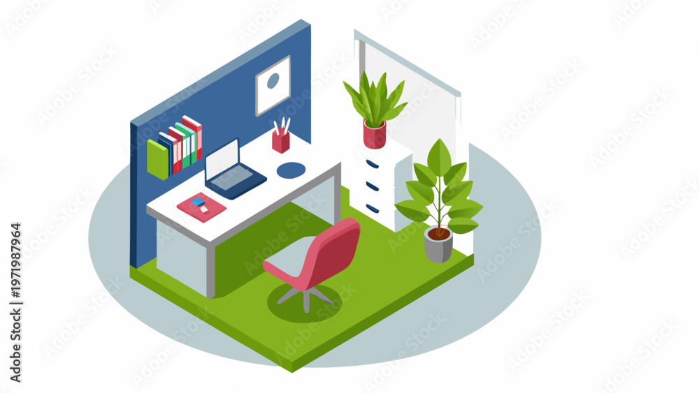 Obraz premium A modern office workspace with a desk, chair, and plants in a minimalist vector illustration