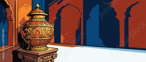 Diwali Ornate Urn in a Corner Composition with Empty Background