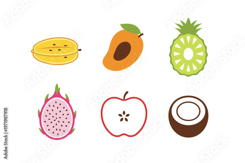 Collection of Exotic Fruit Cross Sections Including Dragon Fruit Starfruit Mango Apple and Pineapple, Flat Vector Icons Set for Food Design