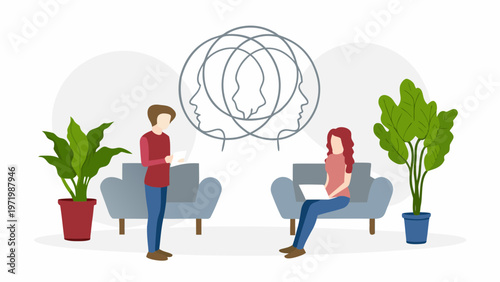 A vector graphic illustration of a therapist and patient in a counseling session with a thought bubble