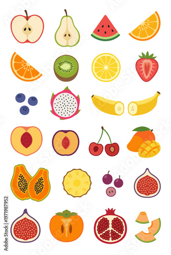 Large Collection of Various Fruit Slices and Whole Fruits Including Berries Citrus Melons and Pomegranate, Flat Vector Graphic Elements Set