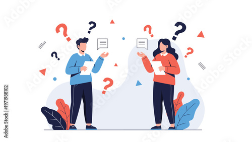Man and woman engage in a thoughtful conversation surrounded by floating question marks to represent curiosity problem solving and effective communication.