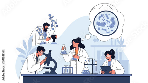 Team of dedicated scientists performs biological research using microscopes and various laboratory equipment to study microscopic organisms in a lab.