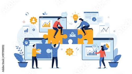 Business team members work together to assemble large puzzle pieces in front of financial growth charts to represent successful corporate strategy.