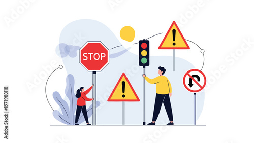 Two people holding and placing various traffic safety signs including a stop sign, traffic light, and caution warning symbols on a road.