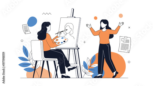 Talented female artist creates a beautiful portrait on a canvas easel while her model poses in the background during an expressive fine art session.