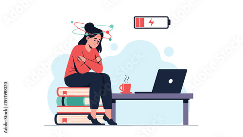 Overwhelmed student sitting on a stack of books with a red low battery icon above representing exhaustion and burnout from intense study.