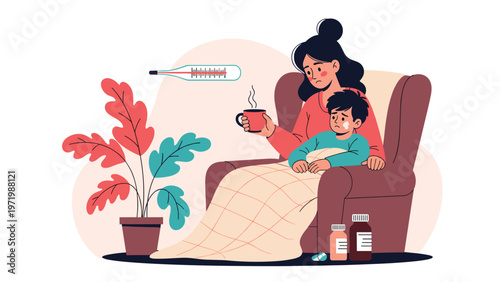 Caring mother comforts her sick child who is wrapped in a blanket while monitoring his temperature and preparing medicine in their cozy living room.