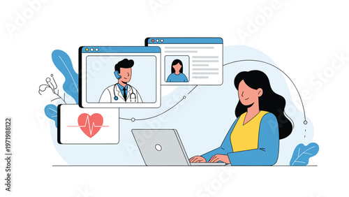 Young woman uses her laptop for a remote telemedicine consultation with a male doctor to discuss her health and medical records from the comfort of home.