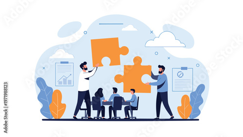 Focused business professionals collaborate on a project by joining large orange puzzle pieces together in a modern office with data charts behind them.