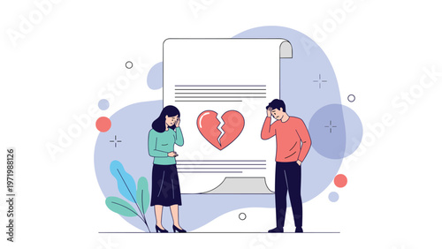 Distressed couple looking sad and crying in front of a legal document with a broken heart symbol representing divorce or separation.