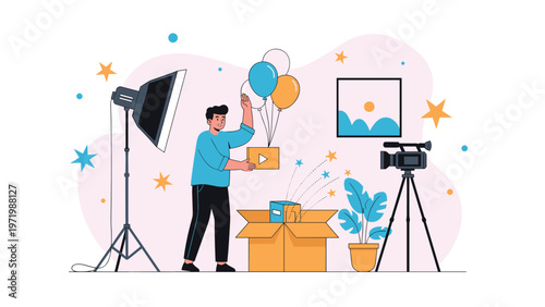 Enthusiastic content creator films an unboxing video in a professional studio with balloons studio lights and a video camera for his social media channel.