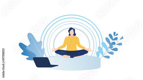 A woman meditates peacefully in a serene environment with a laptop nearby