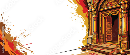 Diwali Temple Doorway with Warm Lamps and Traditional Decorative Splatters