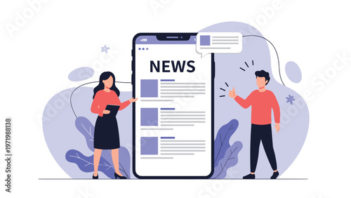 Young man and woman looking at a giant smartphone screen displaying digital news headlines and social media content in a flat design.