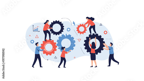 Team of diverse people working together to connect and move various sized gears representing cooperation and industrial synergy and flow.