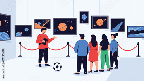 Group of people visiting modern art exhibition about space and planets while listening to museum guide in casual red sweater.