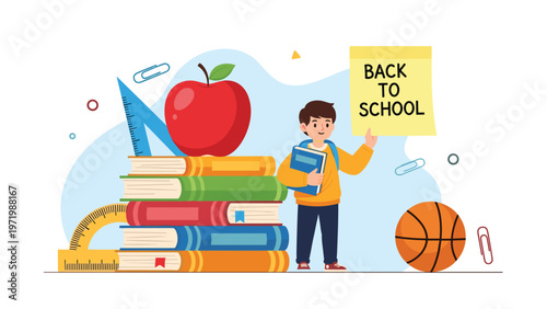 Young student holding back to school sign standing near large stack of books apple and basketball with ruler and stationery items.