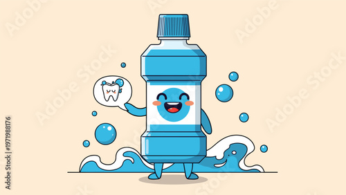 Cute blue mouthwash bottle character with happy face standing in splashing water holding speech bubble with healthy white tooth.