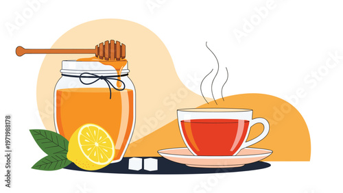 Still life composition with jar of natural honey wooden dipper cup of hot tea lemon slice and sugar cubes on warm background.