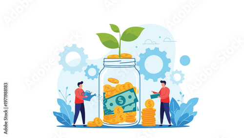 Two people watering money tree growing from glass jar full of coins and banknotes symbolizing financial growth and long term savings.