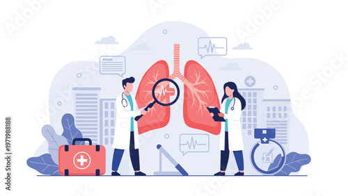 Male and female doctors using magnifying glass to examine human lungs in medical facility with healthcare equipment and city background.