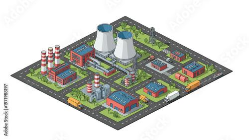 Detailed isometric view of nuclear power plant facility with cooling towers industrial buildings warehouses and trucks on grid streets.