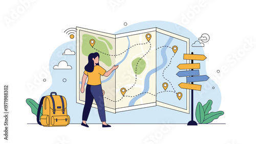 Young female traveler with a yellow backpack studies a large paper map featuring various location pins to plan her adventurous hiking route through nature.