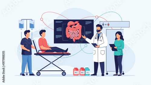 Experienced male doctor explains the human digestive system anatomy on a large digital screen to a patient and nurse in a modern medical clinic environment.