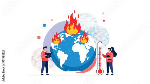 Concerned people observe a burning earth globe and a high temperature thermometer to symbolize the urgent crisis of global warming and climate change.