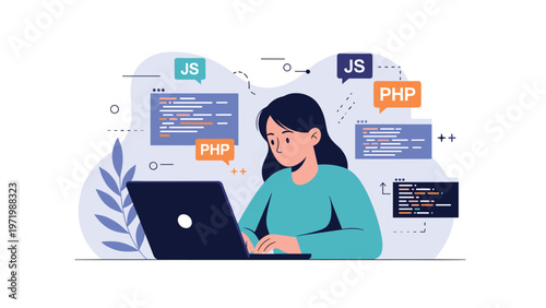 Professional female programmer focuses on coding at her laptop while floating icons for PHP and JavaScript represent her technical skills in web development.