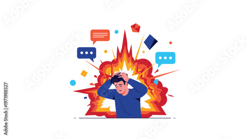 Stressed man experiences a mental breakdown with a metaphorical explosion behind his head while social media and message icons signify digital overload.