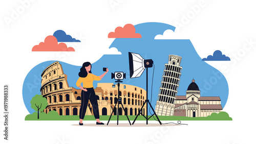 Professional female photographer captures famous Italian landmarks like the Colosseum and Leaning Tower of Pisa using high quality camera equipment and lights.