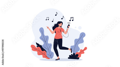 Energetic woman enjoys listening to her favorite playlist on a smartphone while dancing happily among colorful abstract plants in a bright vector setting.
