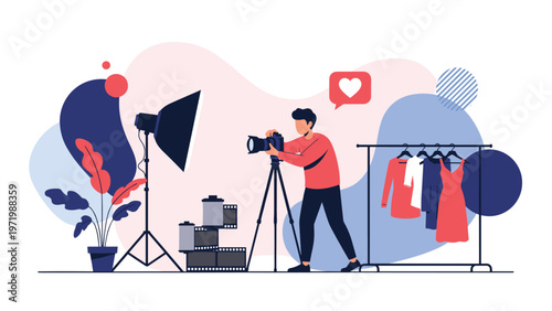 Male photographer uses professional equipment to take studio photos of fashion models with a clothing rack and lighting gear visible in the background.