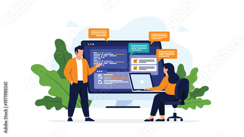 Male and female developers collaborate on software programming using a large computer monitor with speech bubbles representing team communication in office.