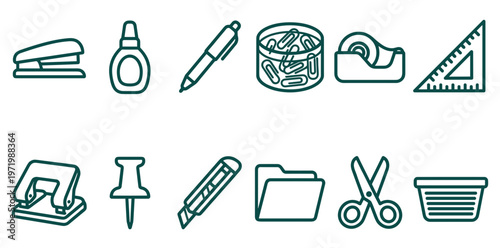 Collection of School and Office Stationery Line Icons Featuring Stapler Glue Pen Paperclips Tape Dispenser Ruler Hole Punch Pushpin Cutter Folder Scissors and Basket